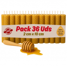 Vadeincienso Lote de 36 velas de cera  de abeja  2 x 10 cm sin parafina y cera nacional de apicultores españoles hechas a mano una a una por nosotros