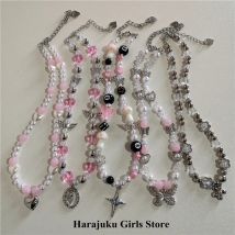 Kpop vintage gothic y2k metall schmetterling stern kreuz liebe blume anhänger acryl perlen perlenkette für frauen egirl emo jewely