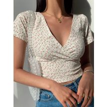 T-shirt estiva francese retrò floreale con scollo a V a maniche corte T-shirt slim dimagrante selvaggia a vita alta da donna