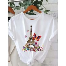 Eiffelturm und Schmetterlingsdruck Damen T-Shirt mit Rundhalsausschnitt, lässig, kurzärmelig, Buchstabendruck, Frühling, Sommer, Top, T-Shirt