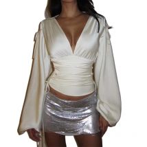 Autumn Long Sleeve Shirt Women 2025 Casual With High Elasticity Satin Waist Cinched Blouse Tops