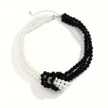 Fashion Black White Imitation Pearl Patchwork Chain Necklace For Women Vintage Multilayer Bead French Choker Jewelry