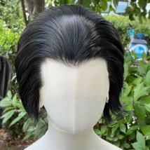 Parrucche sintetiche Widow's Peak Jet Black per uomo Parrucche anteriori in pizzo 13x4 Parrucche cosplay corte corte Bob per donna Densità 150% Glueless
