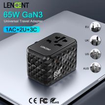 LENCENT Adattatore da viaggio universale GaN da 65 W con 2 USB 3 Tipo C Caricatore da viaggio all-in-one a ricarica rapida EU/UK/USA/AUS per i viaggi