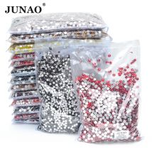 JUNAO Bulk 100 Gross SS6 SS10 SS12 SS16 SS20 SS30 Schwarze Glasstrasssteine mit flacher Rückseite, Nagelkunst-Dekoration, Kleber auf Kristallstrass
