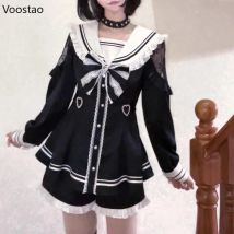 Japanische Gothic Y2k Lolita Minikleid Shorts Set Frauen Süße Spitze Schleife Langarm Shirt Partykleid Vintage Matrosenkragen Kleid