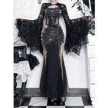 Dark Goth Harajuku Fashion Techwear Hotsweet Lace See Through Crop Shurg Tops Mall Goth Flare Sleeve Smock Cardigan Thin Coats