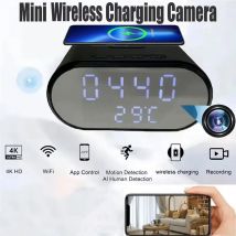 Telecamera WiFi 5 IN 1 Caricatore wireless Display della temperatura Sveglia HD 4K Cam Mini telecamere di sicurezza Rilevazione del movimento Visualizzazione remota