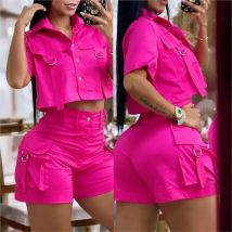 Two Piece Set Women Outfit 2024 Summer Short Sleeve Turn-Down Collar Buttoned Crop Top Casual Pocket Design Vacation Pants Set