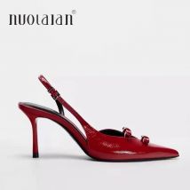 2025 mode Rot Spitz High Heels Frauen Bogen Elegante Party Kleid Schuhe Flach Designer Dünne Fersen Slingback Sandalen Weibliche