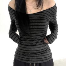 Neue Herbst T-Shirt Frauen Mode gestreifte lange Ärmel lässig schlanke T-Shirts sexy Slash Neck vielseitige weibliche Pullover gestrickt T-Shirt