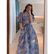 New Fashion Women Chic Floral Long Dress Ladies Casual Puff Sleeves Elegant Waist Slimming Dresses Clothing