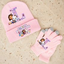 Gabby's Dollhouse Dziewczynki Dzieci Dzianinowa Czapka Rękawiczki Nowe Śliczne Kreskówkowe Czapki z Napisem Ciepłe Rękawiczki Dotykowe Prezent Urodzinowy dla Dzieci 2 SZTUKI Zestaw