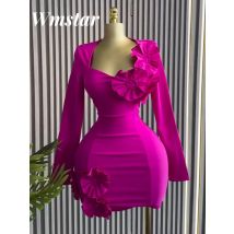 Wmstar Kleider Frauen Elegante Blume Dekoration Langarm Süße Büro Dame Midi Kleid Frühling Kleidung Großhandel Dropshipping