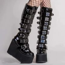Frauen Stiefel Cosplay Damen High Heel Plattform Keile Frauen Hohe Stiefel Gothic Schnalle Lange Röhre Leder Weibliche Stiefel Plus Si