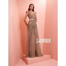 Fashion Belted Sequin Evening Gown Women’s Sheer Mesh Formal A Line Sparkly Maxi Opulent Dress For Party Prom Customized