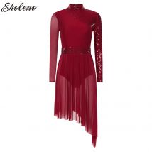 Abito lirico moderno da donna Canotta Costume da ballo Balletto Asimmetrico Alto-Basso Maglia con gonna senza maniche Body Ginnastica Dancewear