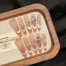 Französisches Lächeln, Katzenaugen, handgefertigt, zum Aufdrücken der Nägel, Farbverlauf, funkelndes Diamant-Dekor, künstliche Nägel für Damen, Braut, tragbare künstliche Nägel