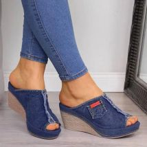 Slipper Heels Stylish Womens Black Cowboy Comfortable Open-Toe Shoes Slipper Wedges Platform Open Sandals Summer Ladies Shoes