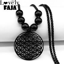 2024 Blume des Lebens Edelstahl Mandala Metatron Halsketten Heilige Geometrie Lange schwarze Perlenkette Schmuck flor de la vida