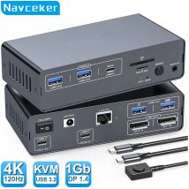 Navceker 8K USB-C ThunderBolt KVM-Switch 4K 120 Hz 2 Laptops 2 Monitor Typ C 12 IN 1 Dockingstation 10 Gbit/s USB für MacBook 2 PC