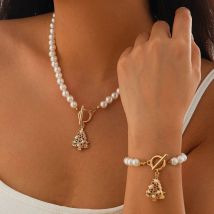 Lacteo 2 teile/satz imitation perle verstellbare halskette armband für frauen elegant ot schnalle weihnachts baum anhänger halskette schmuck