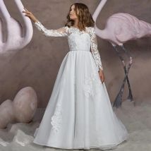 White Flower Girl Dresses Tulle Appliques Pattern Long Sleeve For Wedding Birthday Party First Communion Gowns