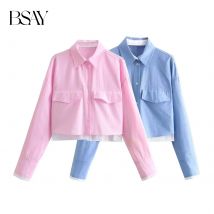 BSAY Frauen Mode Frühjahr Neue 2025, Langarm Revers Klappe Tasche Kurze Bluse Straße Kleidung Hemd Chic Damen Crop Tops Mujer