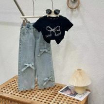 Sommer Kinder Mädchen Kleidung Sets Gedruckt Bogen Kurzarm Top Jeans Anzug Kinder Mädchen 2 stücke Sets 2-8 Jahre mädchen Outfits