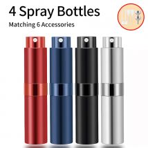 4 szt. + 6 akcesoriów Atomizer do perfum z możliwością wielokrotnego napełniania z 5 butelkami z rozpylaczem, 2 aluminiowe lejki, 2 dozowniki, 2 słomki sprężynowe
