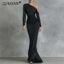 Sexy Skew Collar Hollow Solid Evening Dress Woman Elegant High Waist Pleated Dress Fall One-shoulder Long Sleeve Slim Maxi Dress