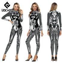 Silber Metallic Druck Overall Frauen Sexy Body Superhero Cosplay Kostüm Karneval Party Zentai Anzug Purim Kleidung