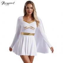 Womens Halloween Starlight Costume The Boys Dress Up Long Sleeve Metallic Trim Chiffon Cape Dress for Roman Party Movie Roles