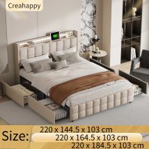 Letto imbottito Creahappy - Struttura letto matrimoniale con testiera ricaricabile tramite USB, illuminazione a LED e 4 cassetti - Beige