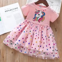 2023 sommer Mädchen Kleid Baumwolle Cartoon Einhorn Spleißen Mesh Party Prinzessin Kleider Für 2-6 Jahre Mädchen Geburtstag kleidung