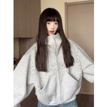 American Retro Rivet Splicing Cardigan Hooded Sweatshirt Women Fashion Loose Oversized Casual Vintage Classic Streetwear