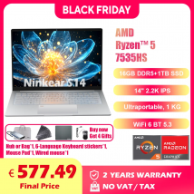 Ninkear S14 Ultra-portatylny Laptop o wadze 1KG, AMD Ryzen 5 7535HS, 14-calowy wyświetlacz 2.2K, Windows 11 Pro, 16GB LPDDR5, 1TB SSD, Komputer z 2 portami Type-C (pełna funkcjonalność), Szybkie