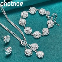 925 Sterling Silber 3 teile/los Schmuck Set Rose Blume Anhänger Kette Halskette Armband Ohrring Serie Für Frau Mädchen Hochzeit Party