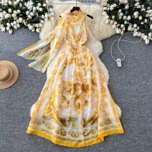 Summer Holiday Flower Light Chiffon Flowy Dress Women's Sexy V-Neck Halter Sleeveless Blue And White Porcelain Print Long Dress