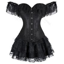 Corsetto Dress Tutu skrats Set Plus Size Overbust con maniche in pizzo Costume Party Sexy Burlesque Basques Outfit Vintage nero rosso
