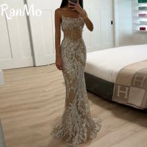 Ranmo Maßgeschneidertes Abendkleid, luxuriöses Partykleid mit Spaghettiträgern und Perlen, ärmellos, Meerjungfrau, bodenlang, Partykleid