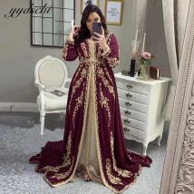 Personalizzato 2025 Borgogna Maniche Lunghe Marocchino Caftano Abito Da Sera Donne Eleganti Abito Formale Applique Robes De Soirée Prom