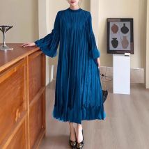Miyake Round Neck Pullover Dress Female Fall Winter Ruffles Ruffle Temperament Elegant Senior Long Skirt Stretch Women Clothing