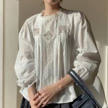 Luxus-Stil, hochwertiges Baumwollhemd, Spitze, Häkelarbeit, bestickt, Blasenärmel, Blusen, Hemden, Damen-2025, Laternenärmel-Tops, Blusas