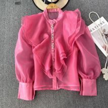Schicke Damen Tops und Blusen Organza Rüschen Bluse für Frauen Perlen Mesh schiere Blusa Feminina elegante koreanische Mode