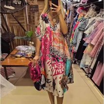 Damenmode, Leopardenmuster, Bürokleid, 2024, V-Ausschnitt, lockerer drapierter Pullover, langes Kleid, elegantes Damen-Kurzarm-Partykleid