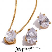 Yhpup Zarte glänzende Zirkonia Edelstahl Wassertropfen Anhänger Halskette Ohrstecker Wasserdichter Schmuck Chic Party Geschenk