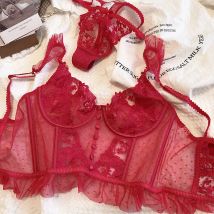 Sexy French Lace Bra and Thong Set Ultra Thin See Through Shaping Underwear Women's Embroidery Lace Camisole Lingerie Set MOYISU