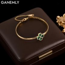 GANEMLY stal nierdzewna 316L zielony kryształ koniczyna bransoletka bransoletka dla kobiet modny łańcuszek na nadgarstek wodoodporna biżuteria na prezent Bijoux
