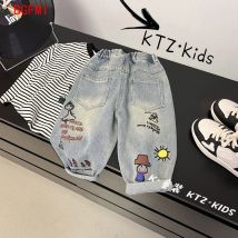 2-10Y Koreanische Kinderkleidung, Denim Hosen Frühling Herbst Hosen Jungen Mädchen Lange Hosen Cartoon Jeans für Kinder Gerade Hosen